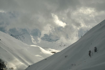 Scenic view of snow covered mountains against sky