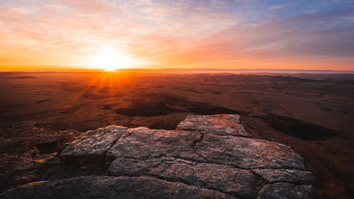 Scenic view of rocks against sky during sunset