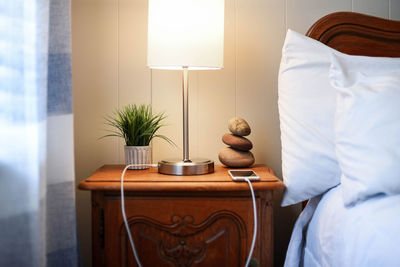 Potted plant with mobile phone and lamp on table at home