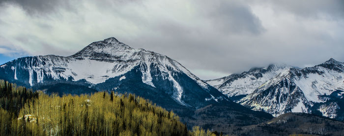 Panoramic view of snowcapped mountains against sky