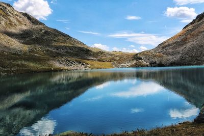 Scenic view of lake and mountains against sky