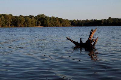 Person in lake against sky