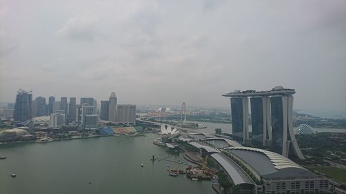 High angle view of buildings against cloudy sky