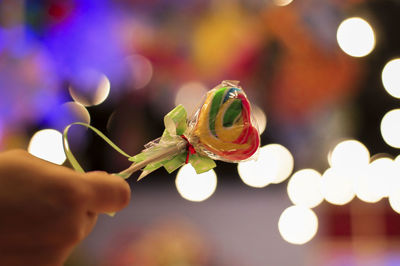 Close-up of hand holding illuminated flower against blurred background