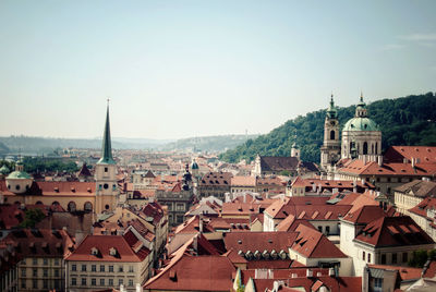 High angle view of townscape against clear sky