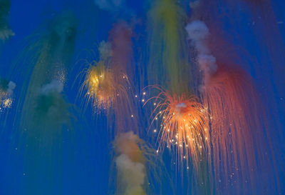 Low angle view of fireworks against sky at dusk