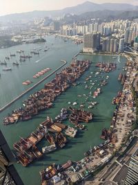 High angle view of ship yard in city of yau ma tei coast line