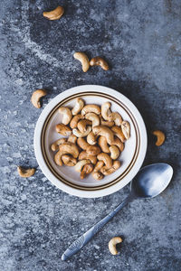 High angle view of cashews on table