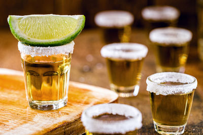 Close-up of beer in glass on table