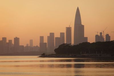 View of buildings in city during sunset