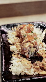 Close-up of meal served on table