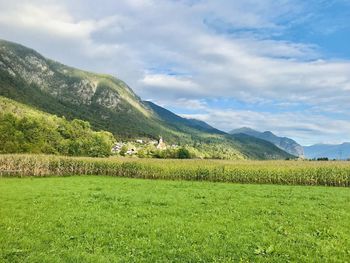 Scenic view of landscape and mountains against sky