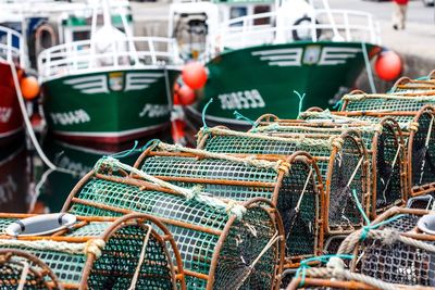 Fishing nets in row at harbor