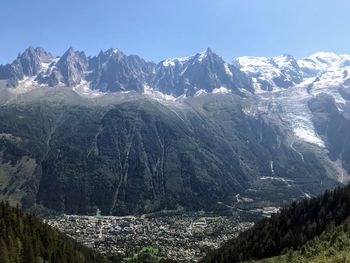 Scenic view of snowcapped mountains against clear sky