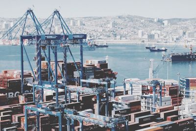 High angle view of commercial dock by sea