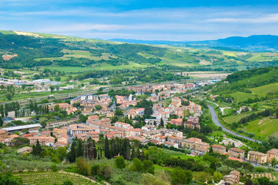 High angle view of townscape against sky