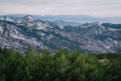 Scenic view of mountains against sky during winter