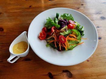 High angle view of salad in bowl on table