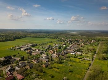 High angle view of agricultural field against sky