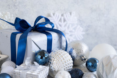 Close-up of christmas decorations on table