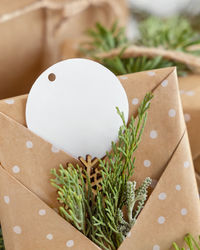 High angle view of christmas ornaments on table