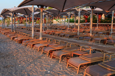 Empty chairs and tables in restaurant