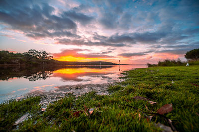 Scenic view of lake against sky during sunset