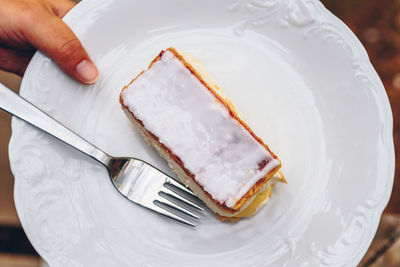 Directly above shot of hand holding mille-feuille in plate outdoors