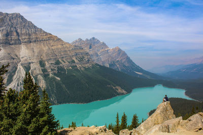 Panoramic view of lake and mountains against sky