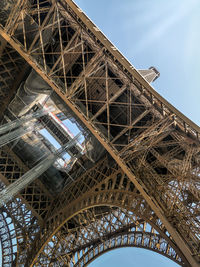Eiffel tower shot upwards against blue sky