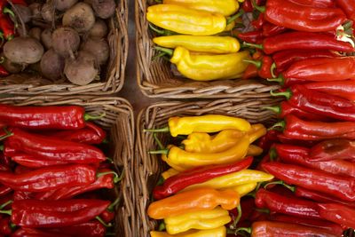 Full frame shot of red chili peppers for sale in market