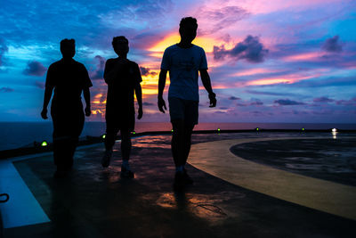 Rear view of silhouette people standing by sea against sky