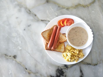 High angle view of breakfast on table