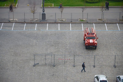 High angle view of people on road