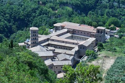 View of the monastery of san benedetto in subiaco, a medieval village near rome, italy.