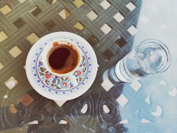 High angle view of coffee on table