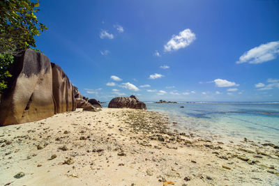 Scenic view of beach against blue sky