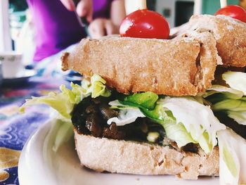 Close-up of burger in plate