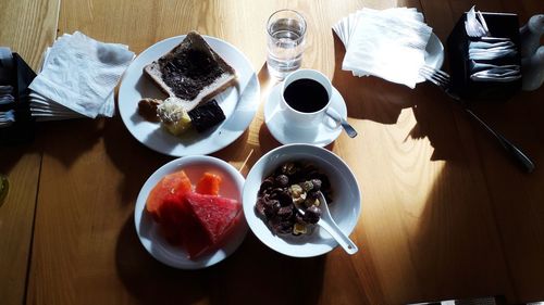 High angle view of breakfast served on table
