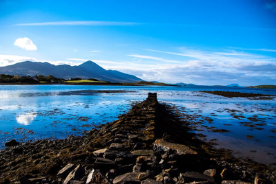 Scenic view of sea against blue sky