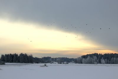 Scenic view of snowy landscape against cloudy sky during sunset