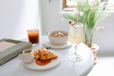 Close-up of breakfast served on table