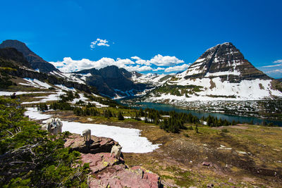 Scenic view of snowcapped mountains against blue sky