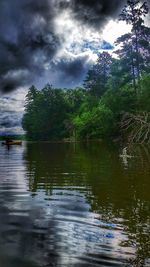 Scenic view of lake against cloudy sky