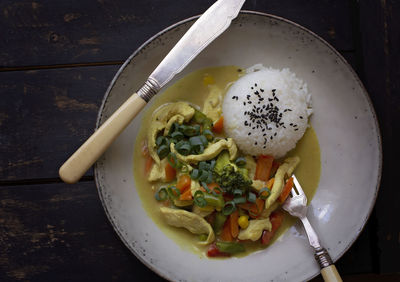 High angle view of food in bowl on table