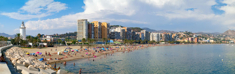 Malaga, spain - august 23, 2018. people on malagueta beach, malaga,  malaga province,  spain