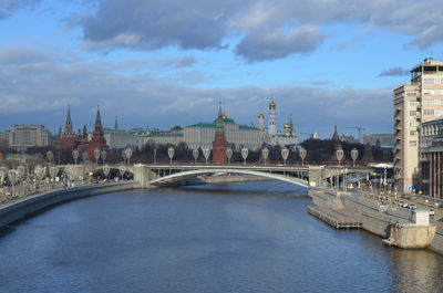 Bridge over river with buildings in background