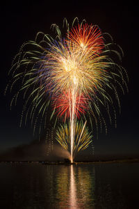 Low angle view of firework display by lake against sky