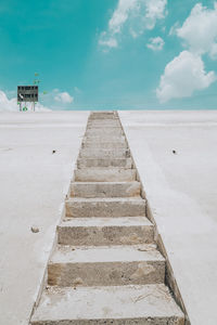 Tilt image of staircase against blue sky