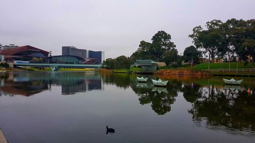 Scenic view of lake and buildings against sky